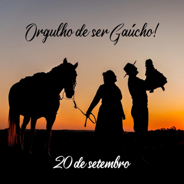 Silhouette de famille cheval et gaucho au coucher du soleil à la campagne