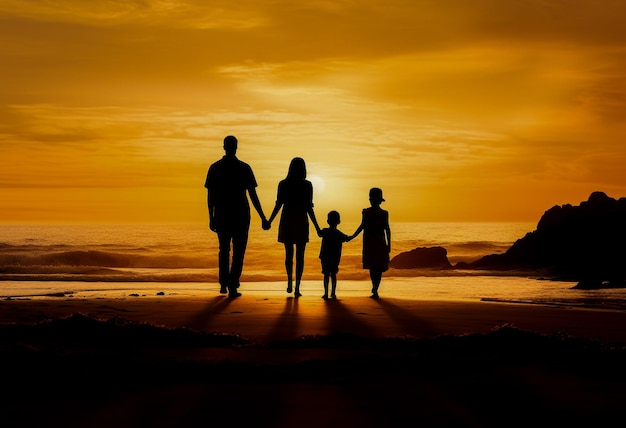 Silhouette de famille debout à la plage coucher de soleil père mère fille marche IA générative