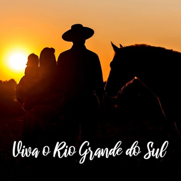 Silhouette de la famille Gaucho à cheval au coucher du soleil