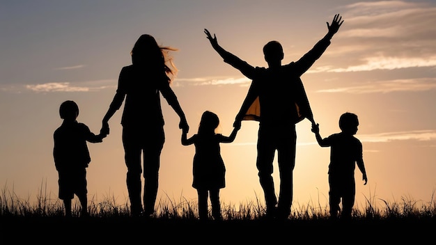 Une silhouette d'une famille heureuse jeune mère harmonieuse à l'extérieur.