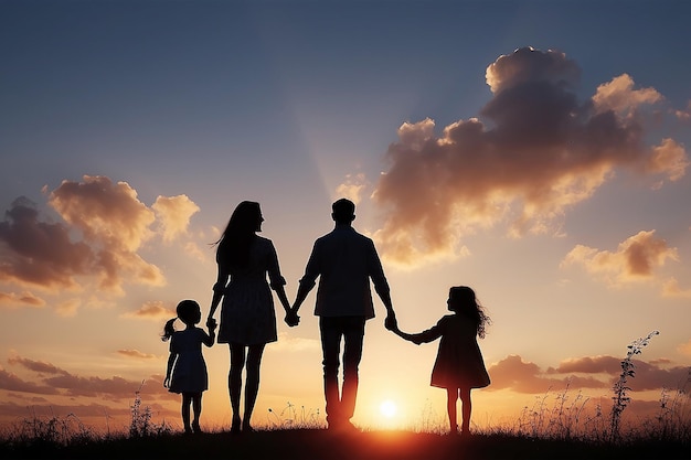 Photo silhouette d'une famille heureuse de quatre personnes mère père fille fils au coucher du soleil