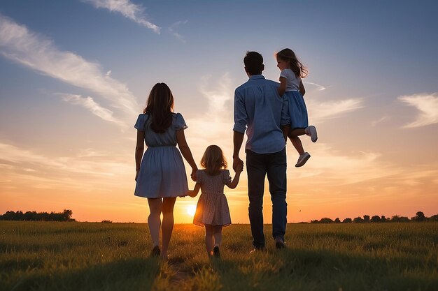 Photo silhouette d'une famille heureuse de quatre personnes mère père fille fils au coucher du soleil