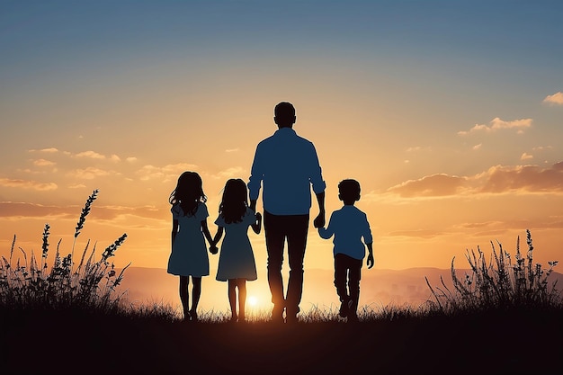 Photo silhouette d'une famille heureuse de quatre personnes mère père fille fils au coucher du soleil