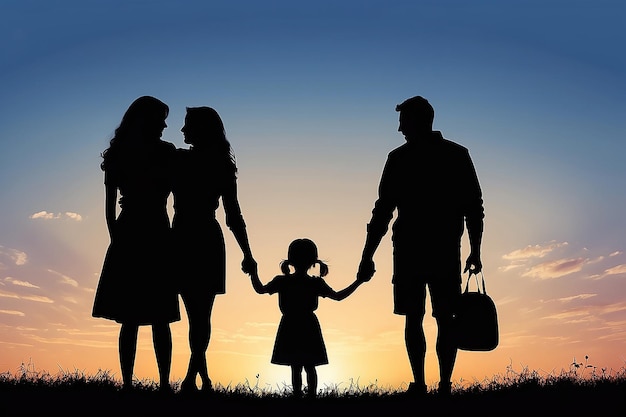 Photo silhouette d'une famille heureuse de quatre personnes mère père fille fils au coucher du soleil