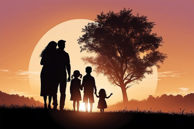 Photo silhouette d'une famille heureuse de quatre personnes mère père fille fils au coucher du soleil