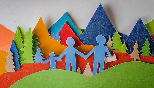 silhouette de famille marchant dans une forêt faite avec du papier de couleur coupé sur fond blanc