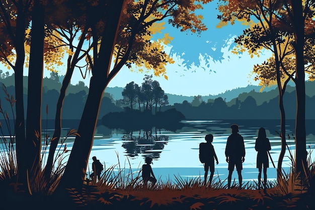 Silhouette d'une famille marchant sur le lac