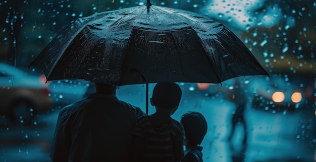 Silhouette d'une famille marchant sous la pluie avec un parapluie