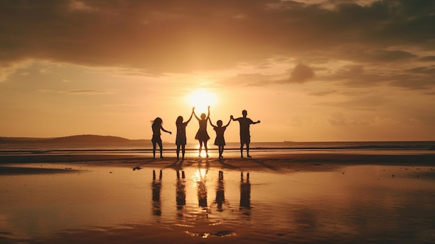 Silhouette de la famille se tenant la main en profitant du coucher de soleil sur la plage Generative AI