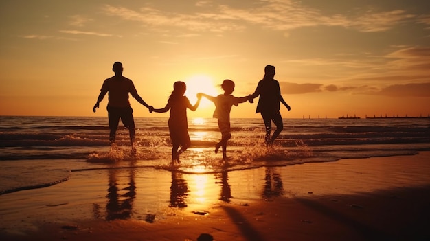 Silhouette de la famille se tenant la main en profitant du coucher de soleil sur la plage Generative AI