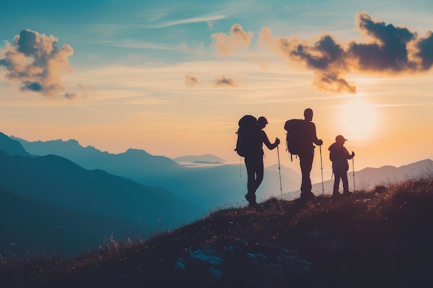 La silhouette de la famille sur le sentier alpin