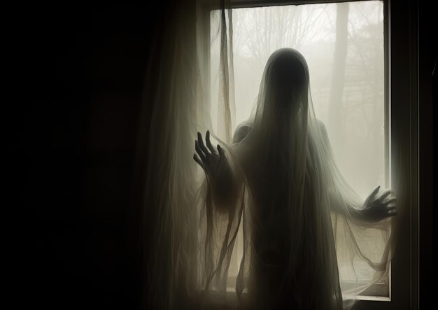 Une silhouette fantomatique apparaissant derrière une fenêtre brumeuse