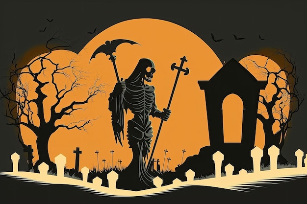 Une silhouette d'un faucheur debout dans un cimetière