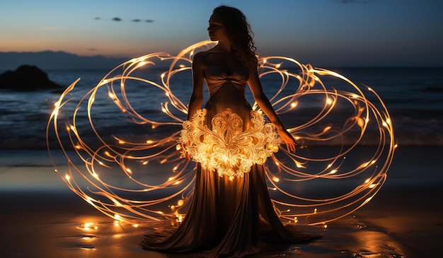 Photo silhouette féminine sur la plage entourée de lumières fantastiques générées par l'ia