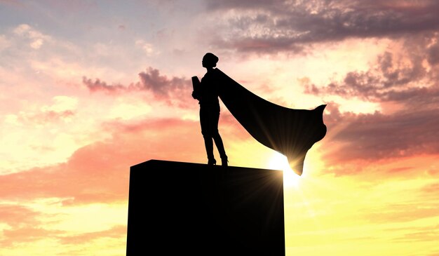 Silhouette d'une femme d'affaires de super-héros portant une cape contre un ciel lumineux rendu 3D