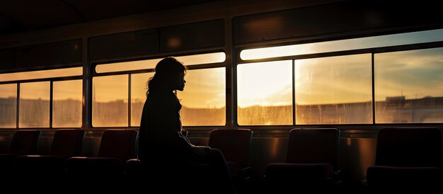 Silhouette d'une femme assise dans un train encadrée par Windows