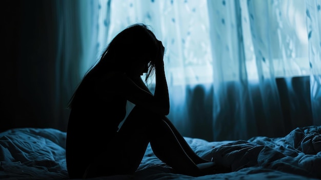 Silhouette d'une femme assise sur son lit, se sentant insomnie et souffrant de stress émotionnel