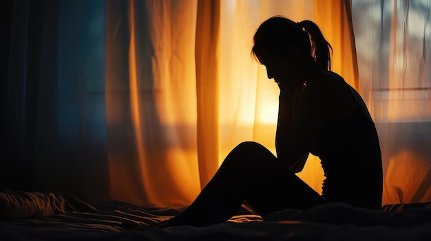 Silhouette d'une femme assise sur son lit, se sentant insomnie et souffrant de stress émotionnel