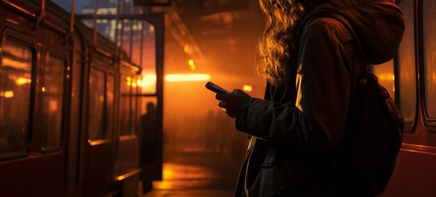 La silhouette de la femme attend sur le téléphone de la plate-forme éclairée par la lueur du train qui passe