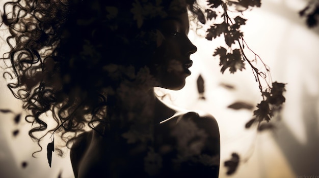 silhouette d'une femme aux cheveux bouclés et aux feuilles