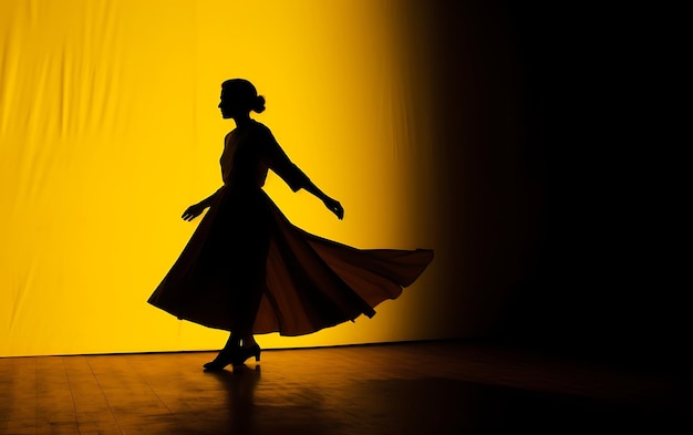 Silhouette de femme dansant dans le noir avec un concept de fond de danse de lumière de jante