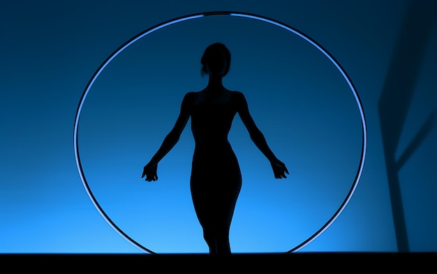 Silhouette de femme dansant dans le noir avec un concept de fond de danse de lumière de jante