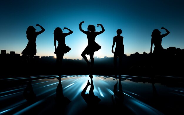 Silhouette de femme dansant dans le noir avec un concept de fond de danse de lumière de jante