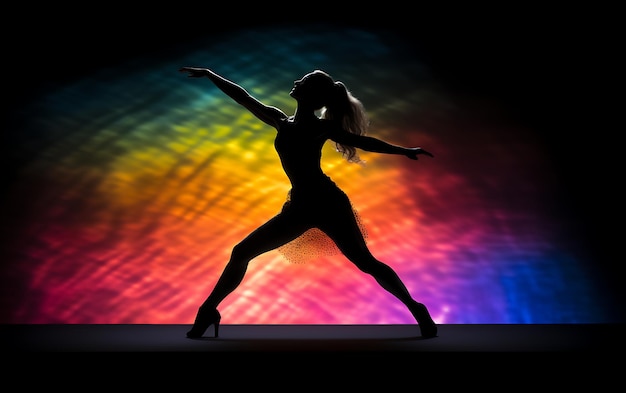 Photo silhouette de femme dansant dans le noir avec un concept de fond de danse de lumière de jante