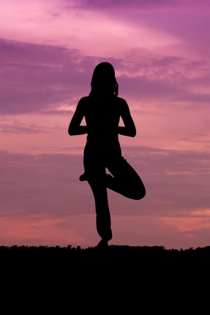 Photo silhouette d'une femme debout sur un champ contre le ciel au coucher du soleil