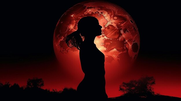 Silhouette d'une femme devant un coucher de soleil rouge ai générative