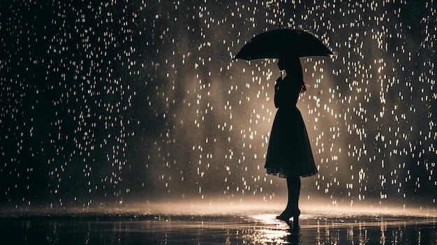Photo silhouette d'une femme élégante avec un parapluie sous la pluie la nuit