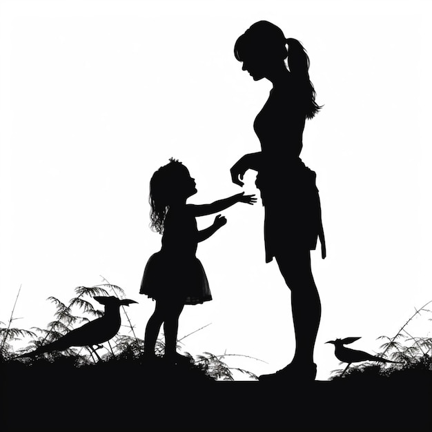 Silhouette d'une femme et d'un enfant nourrissant des oiseaux dans un champ ai génératif