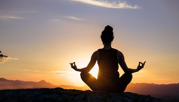 silhouette de femme faisant du yoga sur une montagne