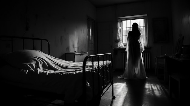 Photo silhouette de femme fantomatique dans une pièce sombre