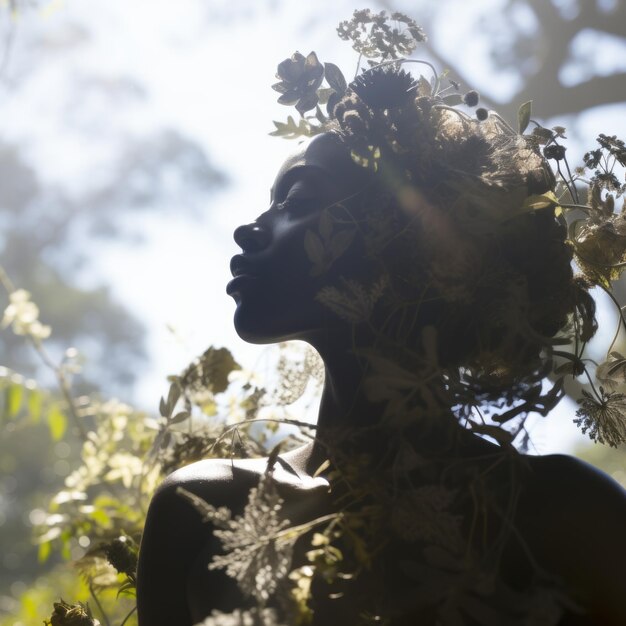 une silhouette d'une femme avec des fleurs dans les cheveux