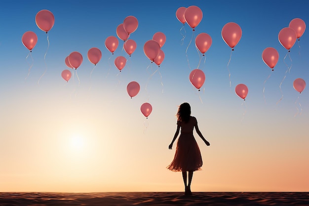 Photo silhouette d'une femme sur le fond du coucher de soleil et de nombreux ballons roses