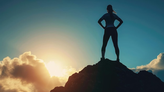 Silhouette d'une femme forte mentale et physique debout au sommet d'une montagne Concept de puissance et de force des personnes