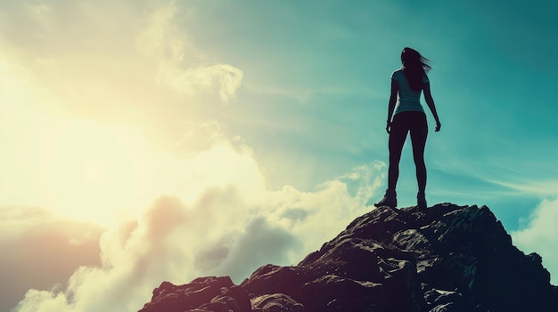 Silhouette d'une femme forte mentale et physique debout au sommet d'une montagne Concept de puissance et de force des personnes