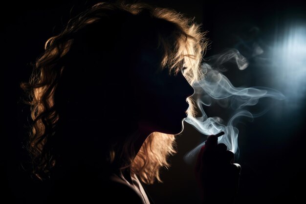 Silhouette d'une femme fumant une cigarette dans une pièce sombre dépendance à la nicotine générative ai