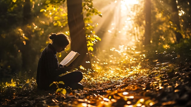 Silhouette d'une femme lisant un livre dans le parc