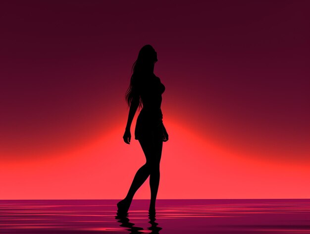 Photo silhouette d'une femme marchant sur la plage au coucher du soleil