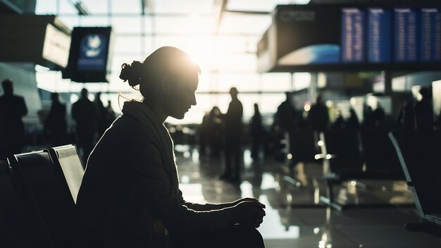 Photo silhouette d'une femme passager d'une compagnie aérienne dans un salon d'aéroport en attente d'un avion de vol