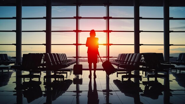 Photo silhouette d'une femme passager d'une compagnie aérienne dans un salon d'aéroport en attente d'un avion de vol