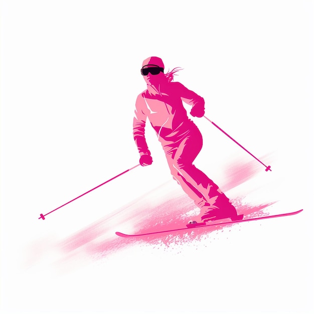 Photo une silhouette de femme plate rose en train de skier sur un fond blanc