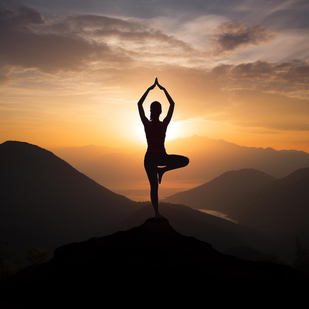 Silhouette de femme pratiquant le yoga au sommet de la montagne au coucher du soleil