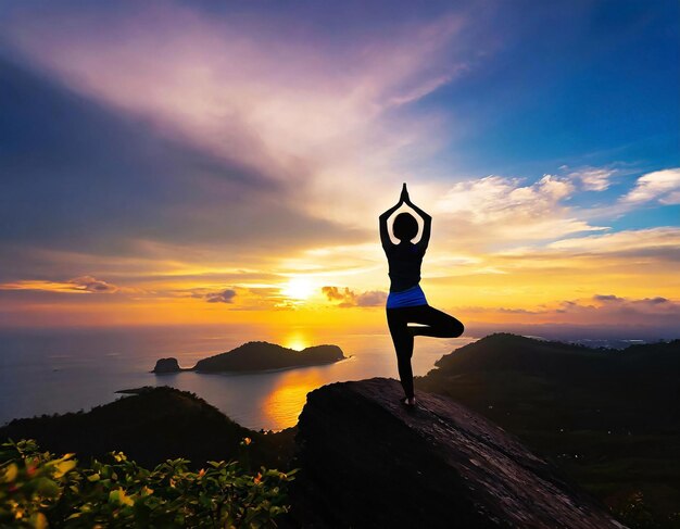 Silhouette d'une femme pratiquant le yoga sur la colline rocheuse à l'aube