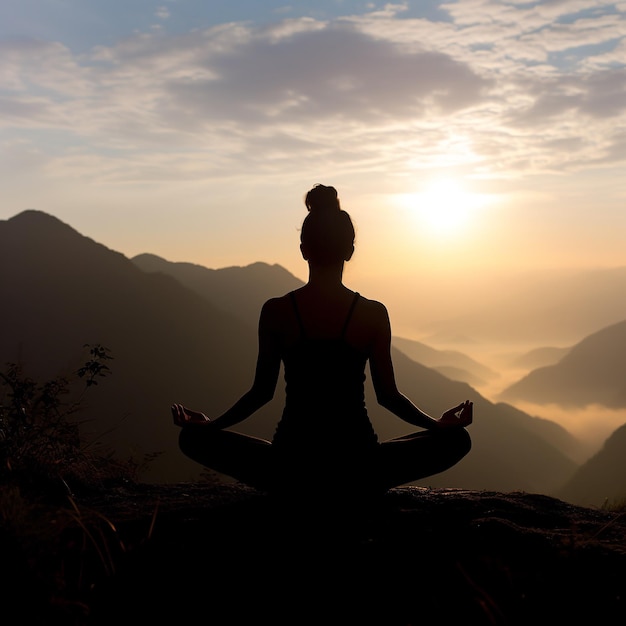 Silhouette de femme pratiquant le yoga sur le sommet de la montagne au coucher du soleil