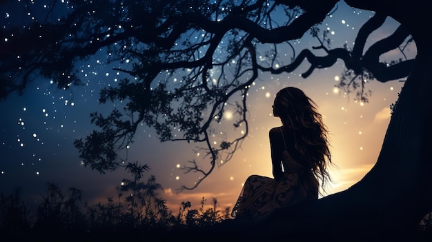 silhouette d'une femme profitant du clair de lune assise sous un arbre IA générative