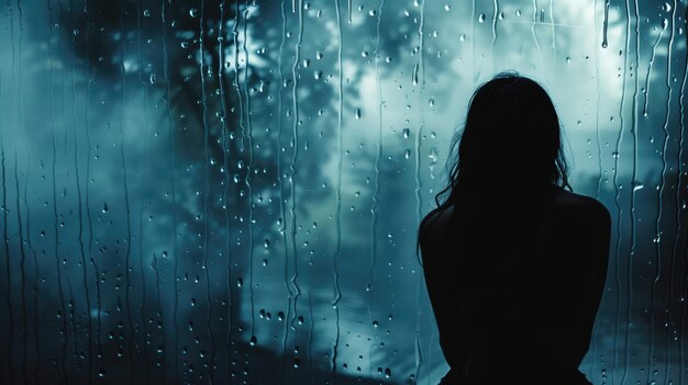 Silhouette d'une femme qui regarde par la fenêtre avec des gouttes d'eau suggestives de pluie sur un fond bleu humeur