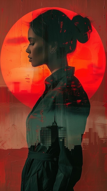 Silhouette d'une femme recouverte d'horizon urbain et de soleil rouge générée par l'IA